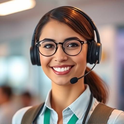 A friendly customer service representative wearing a headset, symbolizing 24/7 travel support.
