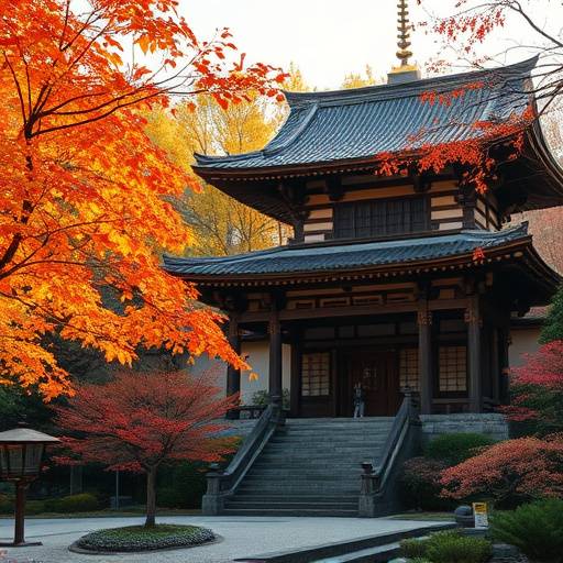 A serene image of Kyoto, Japan showing a traditional wooden temple surrounded by vibrant autumn foliage.