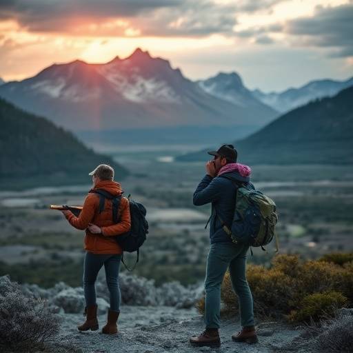 A team of travel scouts exploring a remote, picturesque landscape, representing location scouting services.
