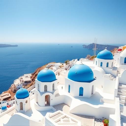 Panoramic view of Santorini, Greece with its iconic white buildings and blue domes overlooking the Aegean Sea.