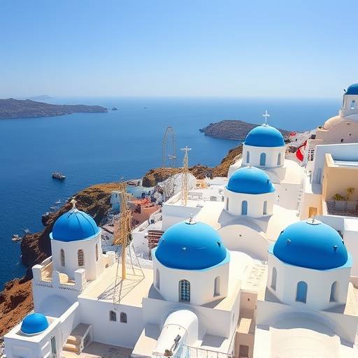 Panoramic view of Santorini, Greece with its iconic white buildings and blue domes overlooking the Aegean Sea.