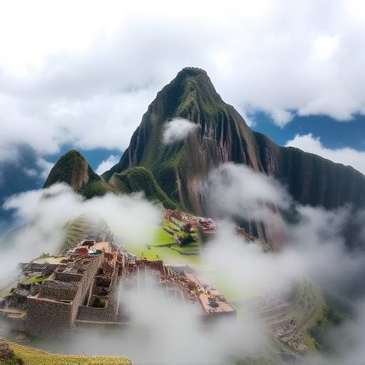 The ancient city of Machu Picchu, Peru, perched high in the Andes Mountains, shrouded in mist.